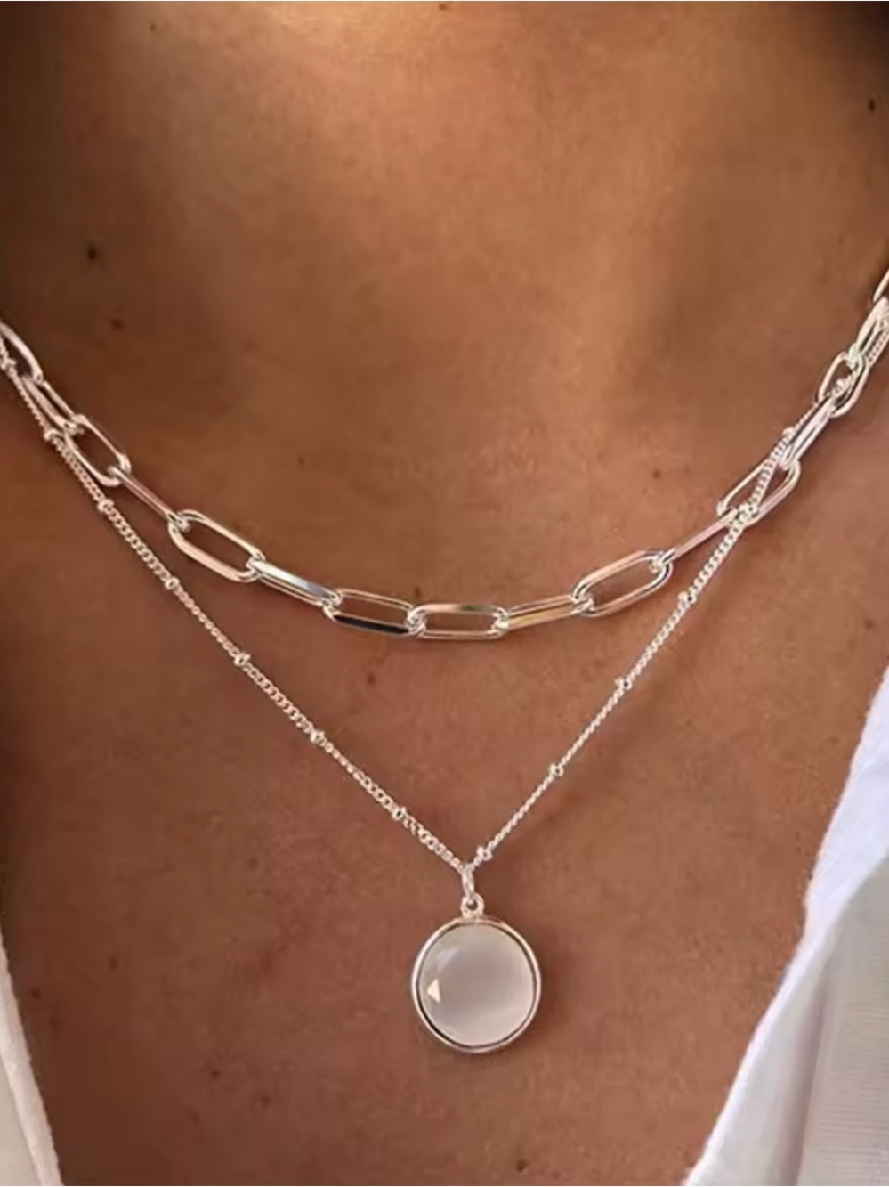 Silver Layered Paperclip Chain Necklace with Round Pendant